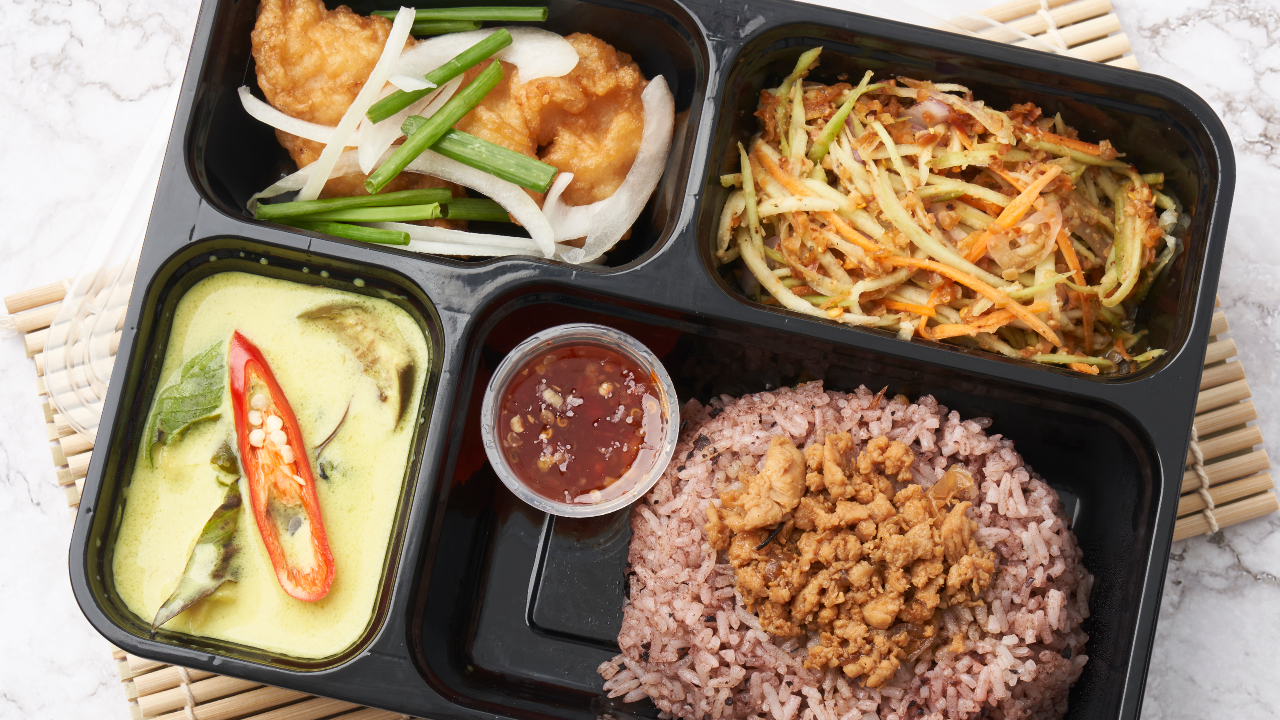 An individually packed Thai bento meal