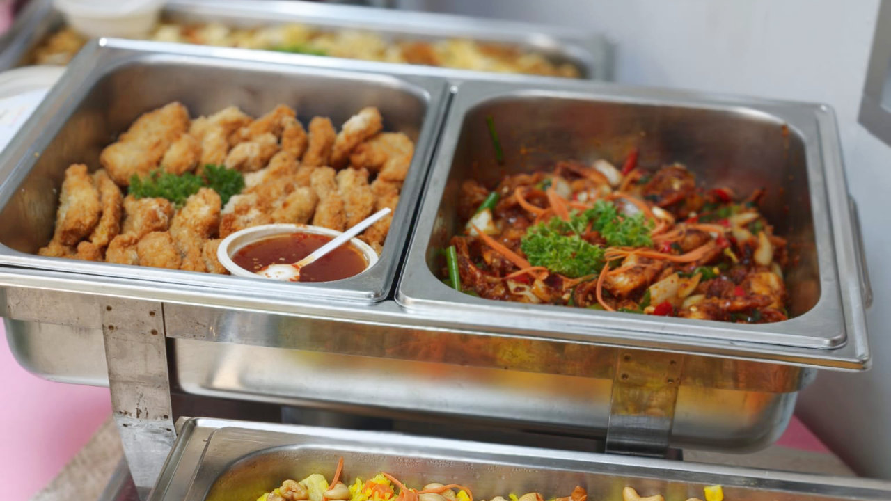 Classic Thai buffet dishes in catering trays