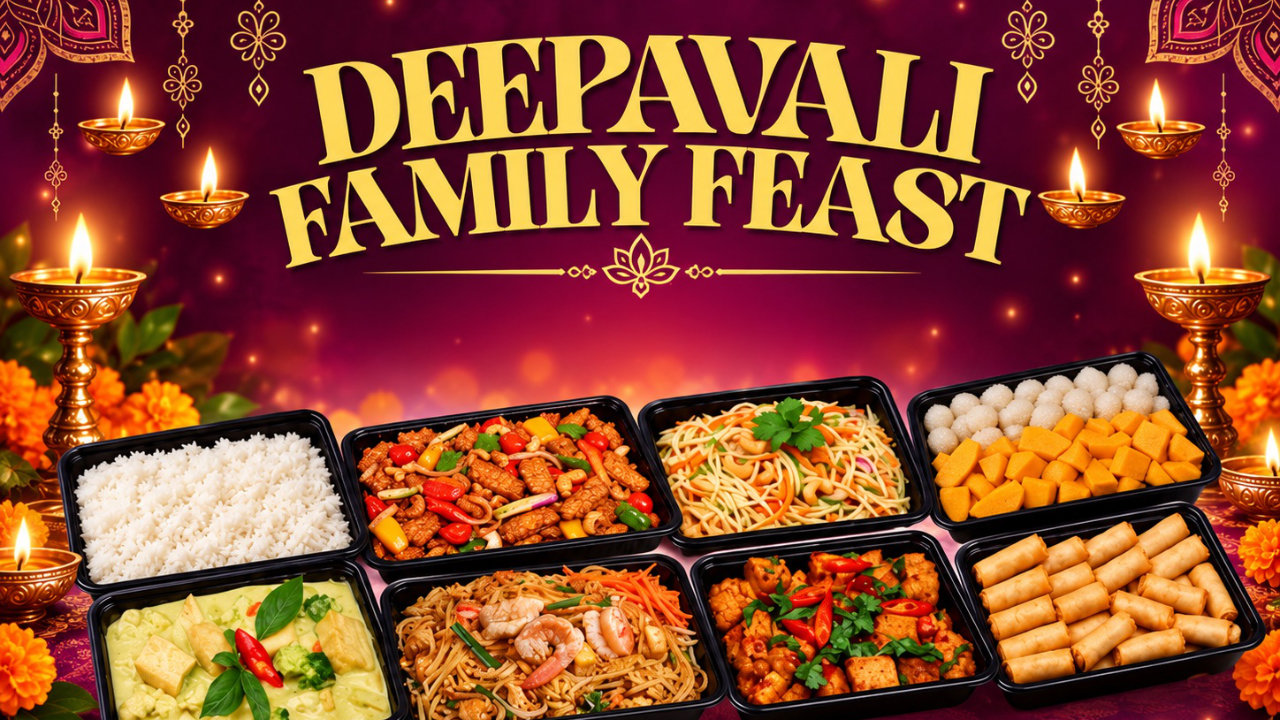 Deepavali Family Feast menu with festive lamps and Thai dishes